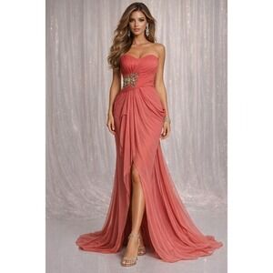 Marchesa Notte Strapless Coral Gown Embellished Slit Formal Evening Size 4 NWT
